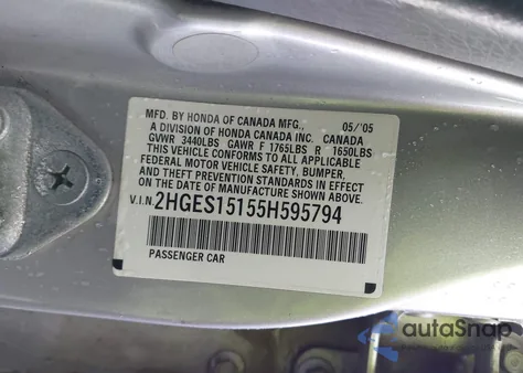 2005 Honda Civic Dx z USA, uszkodzony, nr VIN 2HGES15155H595794
